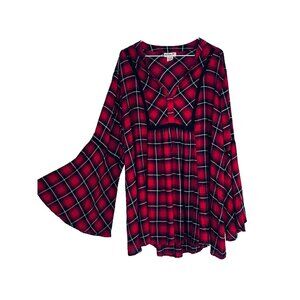 Lola P Womens Tunic Boho Peasant Western 3X Lace Trim Bell Sleeve V-Neck Plaid